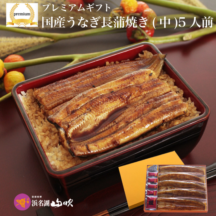 浜名湖山吹 うなぎの真空長蒲焼き(中)サイズ 5本 国産プレミアムギフト浜名湖山吹 うなぎ長蒲焼き（中）5本