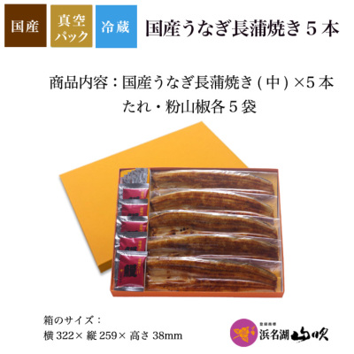 浜名湖山吹 うなぎの真空長蒲焼き(中)サイズ 5本 国産プレミアムギフト浜名湖山吹 うなぎ長蒲焼き（中）5本